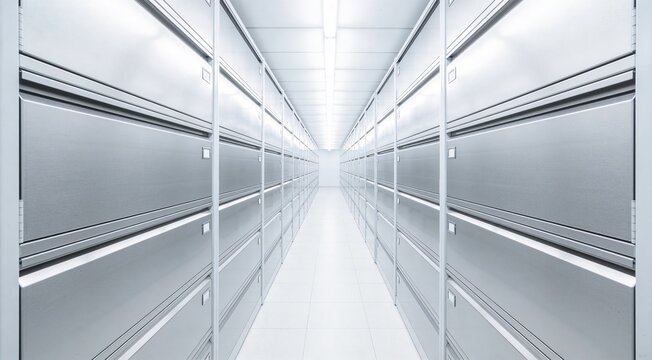Endless white archive aisle with floor-to-ceiling steel drawers in perfect symmetry, premium information governance background for legal data storage, compliance reporting and secure records access