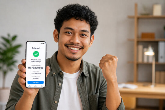 Happy Asian Man Holding Smartphone with Loan Approved Notification, Digital Finance Concept