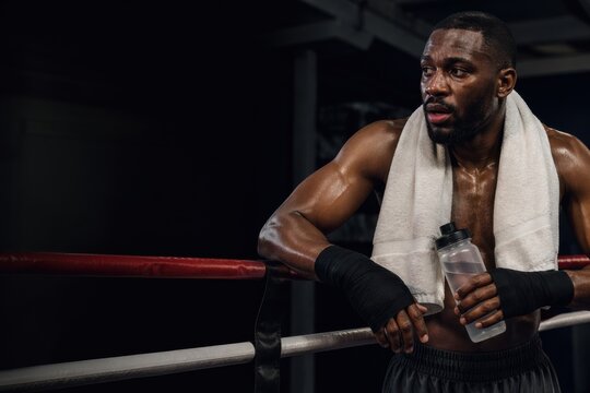 muscular boxer resting in corner during intense match with dramatic lighting