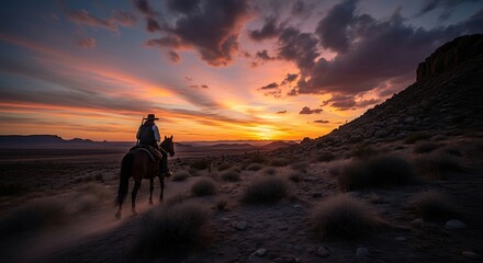Fototapeta premium Cowboy riding horse at desert sunset.
