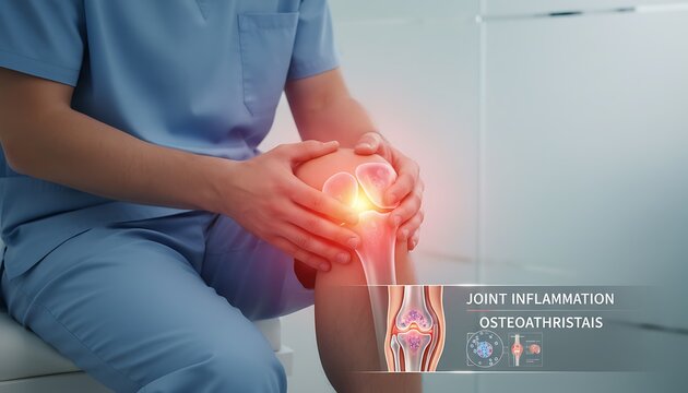 Blue Scrubbed Medical Professional Holding Painful Knee in Clinic