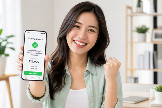 Happy Asian Woman Showing Loan Approved Notification on Smartphone, Fintech and Personal Finance Success