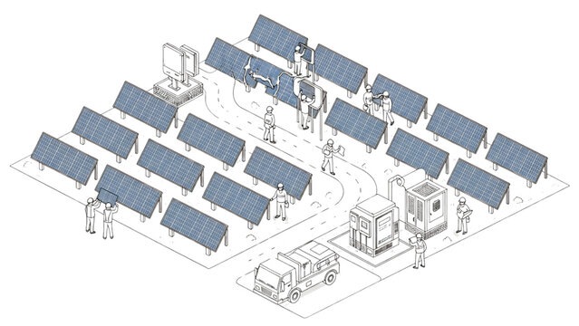 Isometric Renewable Solar Power Plant with PV Panels, Access Roads, Inverter Units and Engineering Operations &ndash; Thin Line Architectural CAD Human Activity Vector Illustration