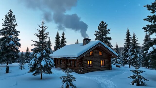 A traditional wooden log cabin in a snow-covered winter landscape at dusk with warm light glowing from windows and smoke rising from a stone chimney framed by pine trees.