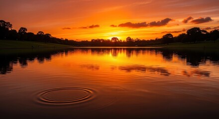 Fototapeta premium A serene lake reflects vibrant orange hues of sunset with ripples on water surface surrounded by trees and grassy shores under a cloudy sky.