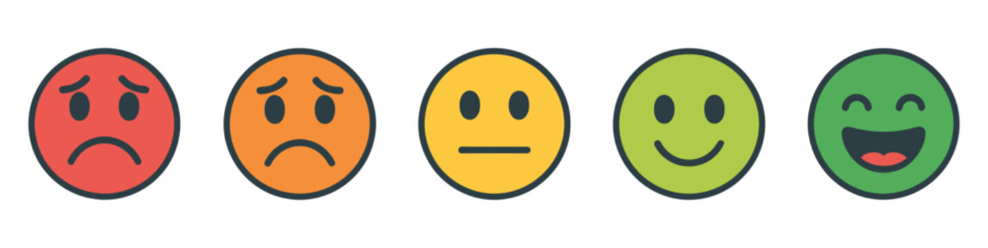 Customer rating emoji icon vector, satisfaction scale with happy neutral and sad faces, editable emoji rating system icons for customer feedback