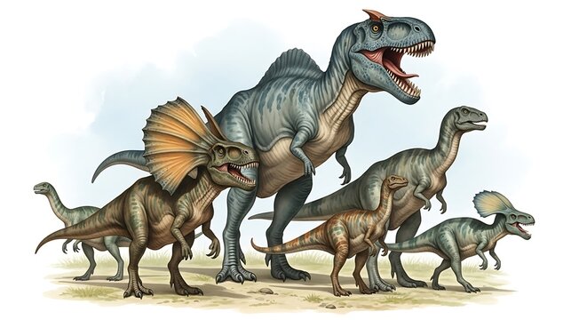 Group of dinosaurs walking together outside.