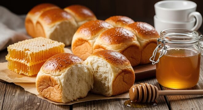 Honey and challah bread on wooden table with honeycomb and cup