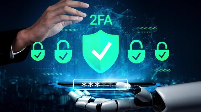 Futuristic concept of two-factor authentication security with human hand and robotic hand interacting, digital lock icons, and technology background Gluon.