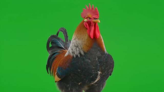 A realistic rooster flapping on green screen background for video