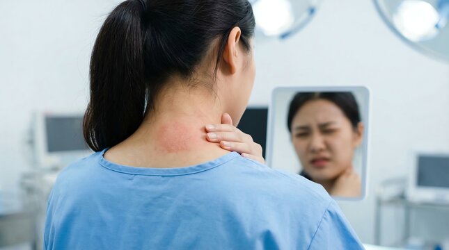 Woman Examining Skin Rash on Neck in Mirror While in a Medical Treatment Room