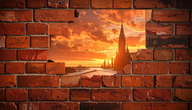 A sunset city vista framed by a brick wall's breach