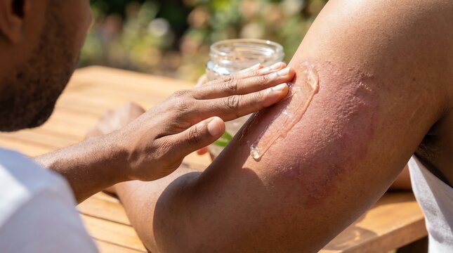 Skin Rash Treatment with Soothing Topical Gel Applied by a Person to an Irritated Arm Outdoors in Sunlight