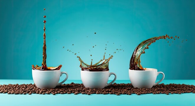 Three white coffee cups are overflowing with splashing coffee on a blue surface