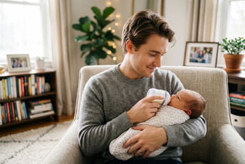 Fototapeta premium Young father feeding his newborn baby with a milk bottle