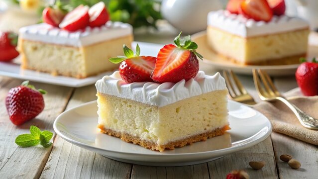A photo of a decadent slice of tres leches cake, rich and creamy, topped with fluffy whipped cream and fresh strawberries on top, set against a simple
