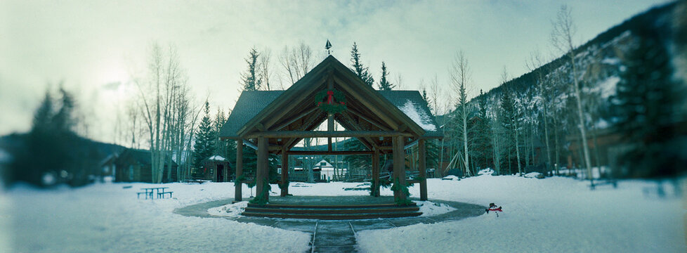 Panoramic view of open-air gazebo located in Frisco, Colorado.
