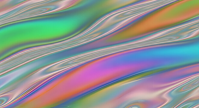 Wavy abstract holographic background with iridescent foil texture dynamic fluid motion colorful metallic reflections and vibrant gradient patterns