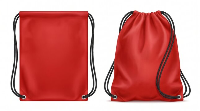 Two red drawstring bags with black cords on a white background