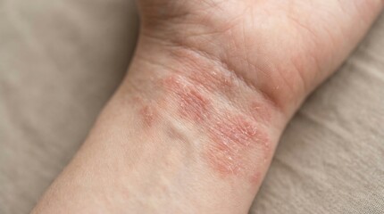 Fototapeta premium Skin Condition on a Human Wrist Displaying Severe Redness Inflammation and Dry Scaly Patches