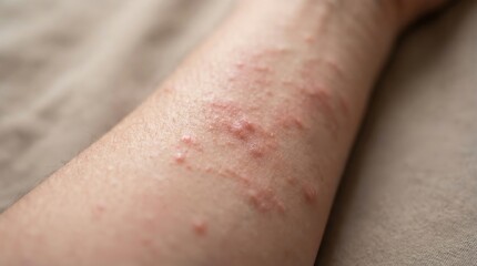 Fototapeta premium Skin Rash with Red Itchy Bumps on Forearm Indicating Allergic Reaction or Irritation