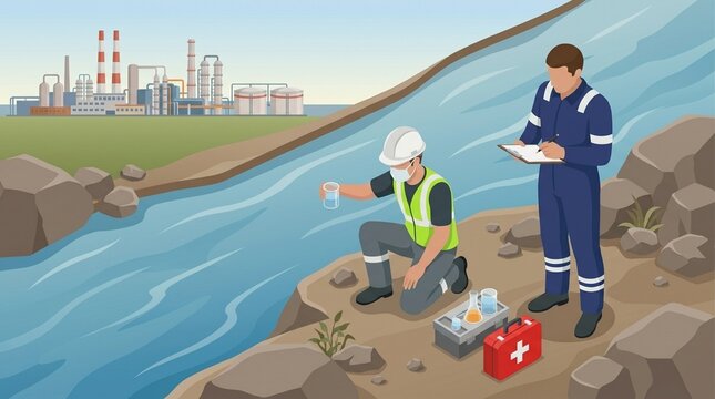 Two industrial workers by a river with a factory in the background and a first aid kit