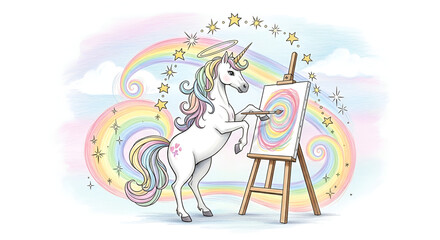 Naklejka premium Whimsical unicorn painter creating vibrant swirl on canvas with rainbow backdrop halo stars in charming cartoon illustration style