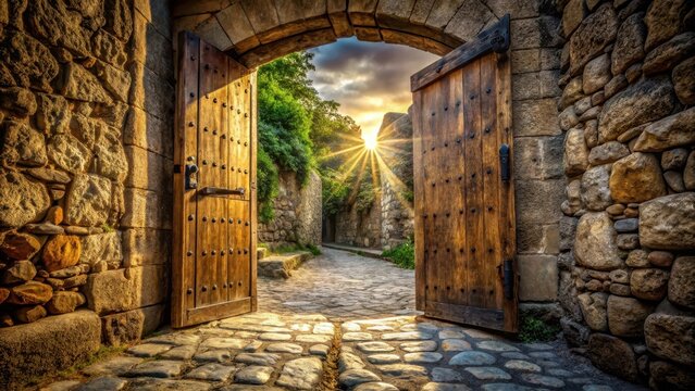 A photo of a weathered wooden door creaking open in an ancient castle courtyard, cobblestone path leading to the entryway, thick stone walls surroundi