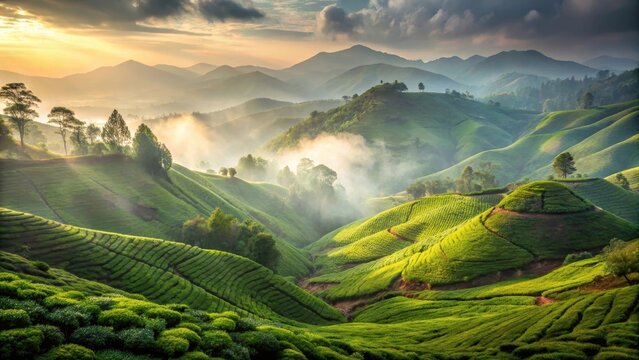 A photo of verdant hills teeming with tea plantations in Munnar, misty atmosphere, lush greenery, intricate patterns of leaves, serene landscape, unto
