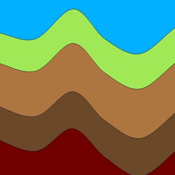 Colorful abstract image featuring five horizontal wavy layers in blue, light green, brown, dark brown, and deep red. The smooth, flowing lines create a vibrant, layered landscape effect.