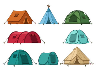 Collection of Different Types of Camping Tents Illustration Set - Outdoor Adventure and Hiking Equipment Flat Design on White Background © Archii