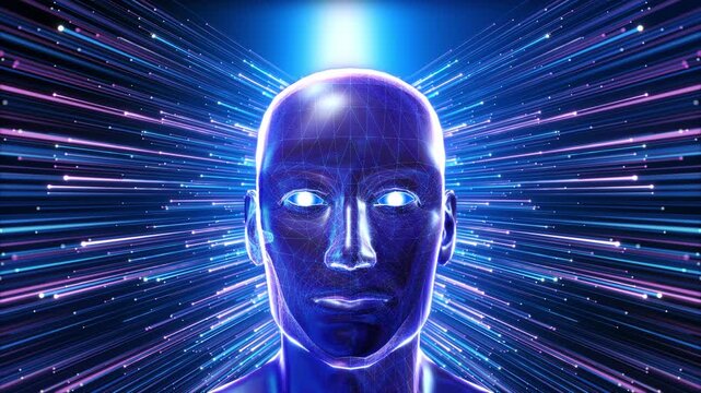 Artificial Intelligence face scanner. Facial recognition biometric medical research human head circuit board human head in profile, network lines glowing , advanced technology artificial intelligence.