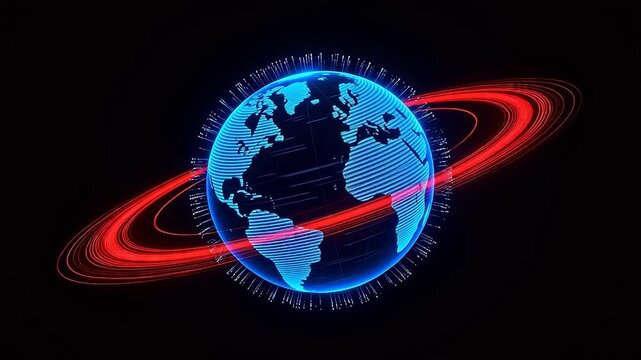 Glowing digital globe with red rings
