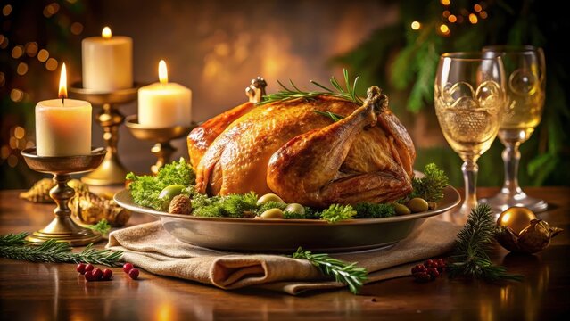 A photo of a golden roasted turkey centerpiece on a dining table, beautifully carved and garnished with fresh herbs, surrounded by elegant dinnerware