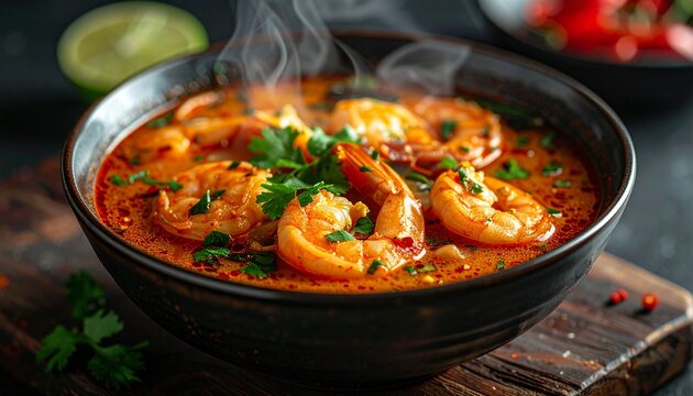 Shrimp Delicious Soup with Cilantro and Lime Garnish