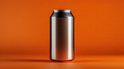 Fototapeta premium Blank Brushed Metal Beverage Can on Vibrant Orange Background