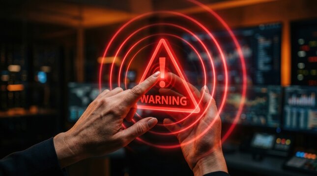Hands interact with a holographic warning alert in a control room filled with screens and data displays at night.