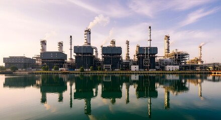 Fototapeta premium Industrial petrochemical refinery plant at sunset with water reflection.