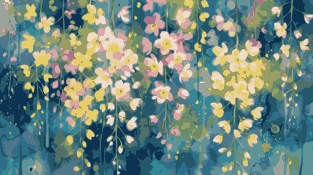 Beautiful hanging flowers in yellow pink and white on blue background