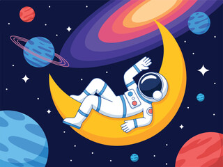Flat design vector illustration of a cute astronaut sitting on a crescent moon in outer space with planets stars and a purple galaxy. © israena