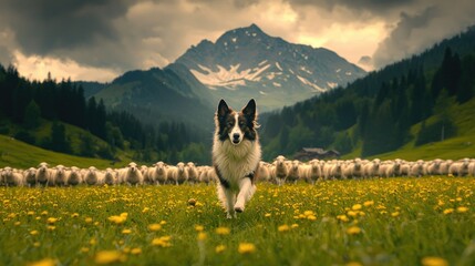 Obraz premium Border Collie Herding Sheep in Alpine Meadow