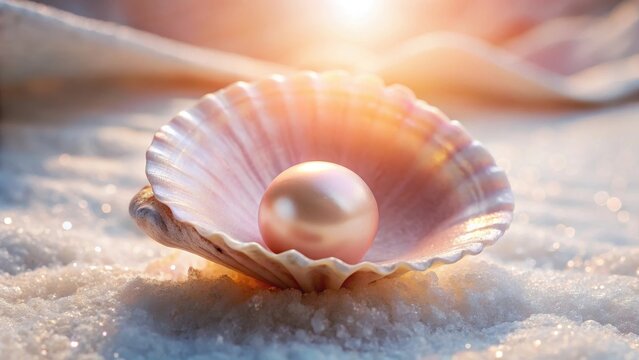 A photo of a delicate pink pearl nestled within an open clam shell on a pristine white background The pearls iridescent surface reflects light beaut
