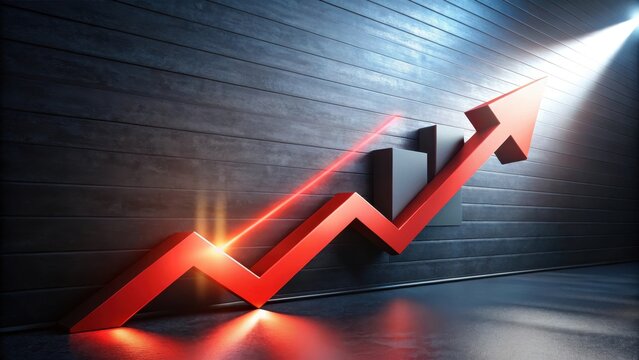 A photo of a sleek black background with a bold red arrow diagonally pointing upwards, symbolizing significant growth and positive trends The arrow i