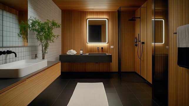 Modern Minimalist Bathroom Interior with Wood Paneling and Black Fixtures