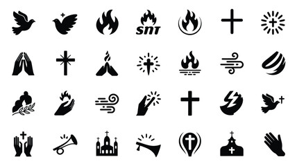 Obraz premium Minimalist vector icons of religious symbols hands flames and crosses on white background