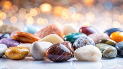 Fototapeta premium A photo of assorted stones on a pristine white background, showcasing a mix of smooth and textured rocks in various colors and shapes, creating a visu