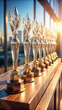 A photo of intricately carved award statues lined up on a polished wooden shelf, each holding a glowing crystal trophy