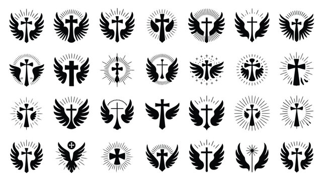 Minimalist black vector crosses and wings icons set for design symbolizing faith and spirituality with various angel wing and cross designs on white background
