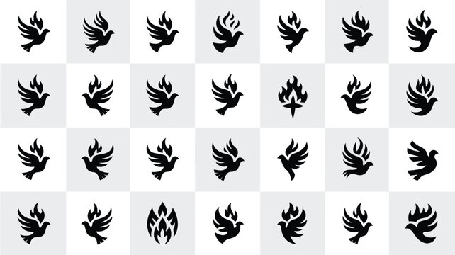 Collection of minimalist pentecost symbols with flame designs on a checkered background