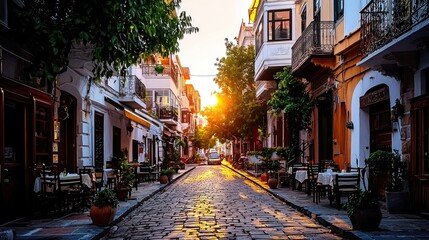 Fototapeta premium Charming Cobblestone Street in Old Town at Sunset